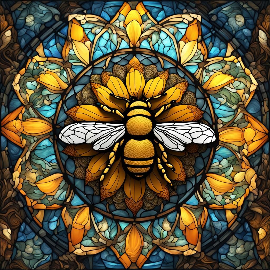 Stained Glass Honey Bee on Sunflower in Fantasy Art