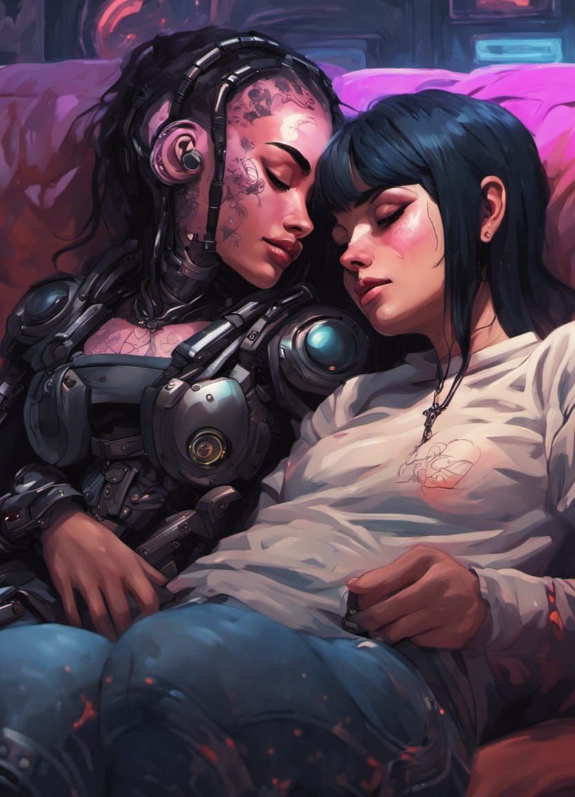 Cyborg Goth Girlfriends Cuddling: Hyperrealistic Concept Art