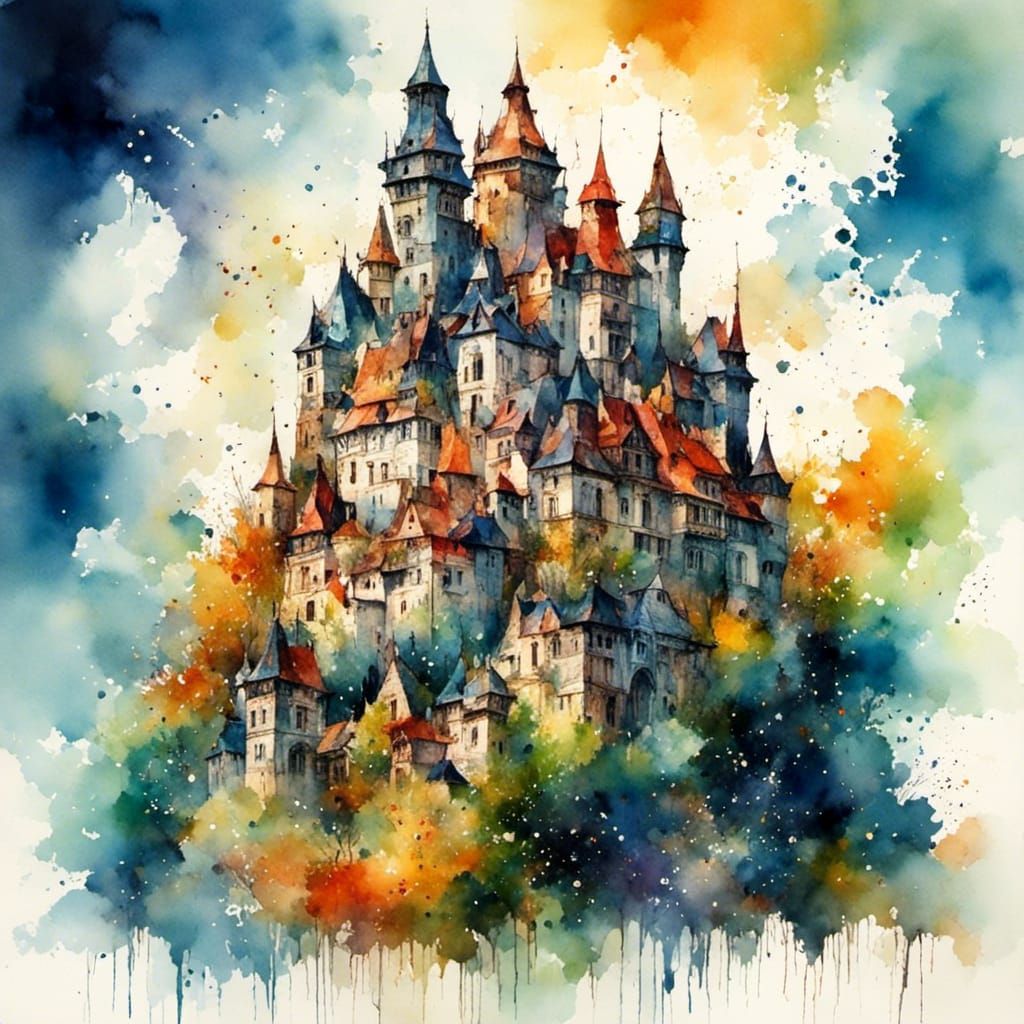 Whimsical Castle in Watercolor Style