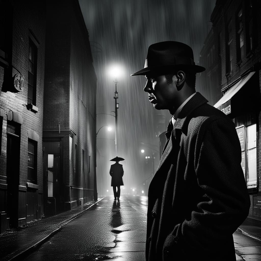 Film Noir Detective in Rainy Alleyway