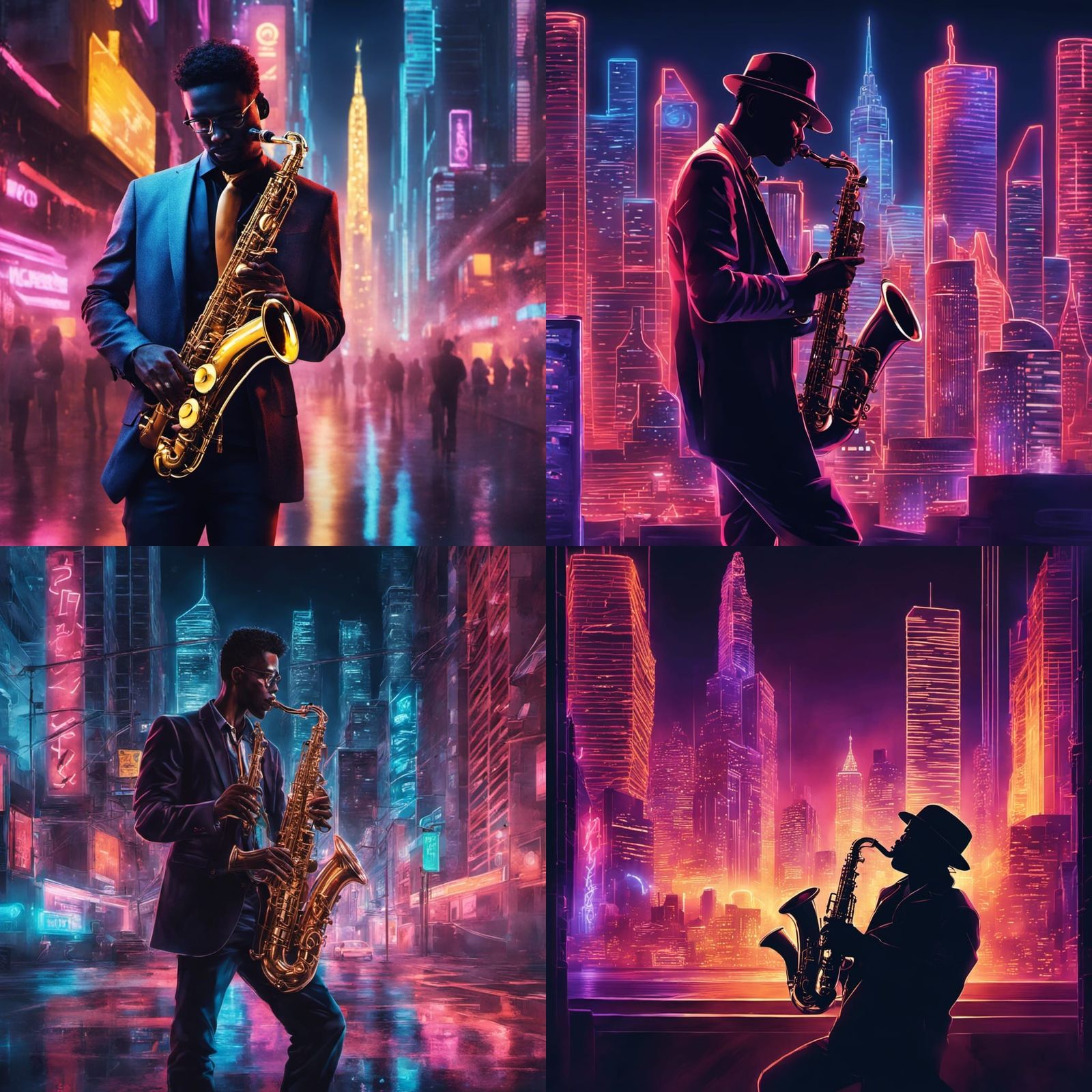 Cyberpunk Saxophonist in Neon Cityscape