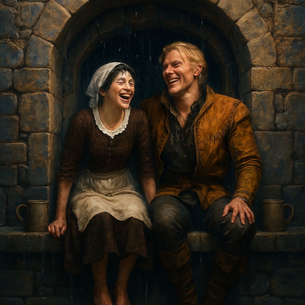 Couple Laughing in Medieval Castle Rain