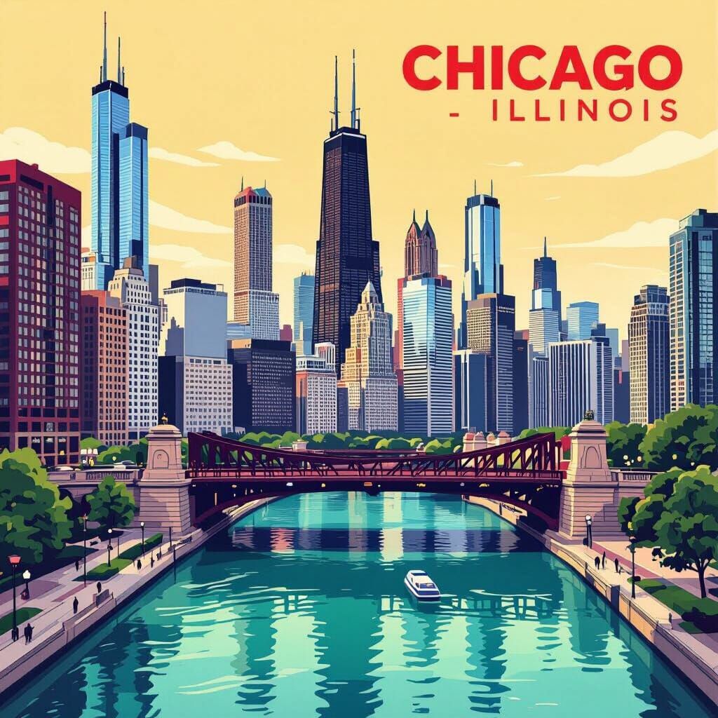 Vibrant Chicago Skyline Illustration Across River