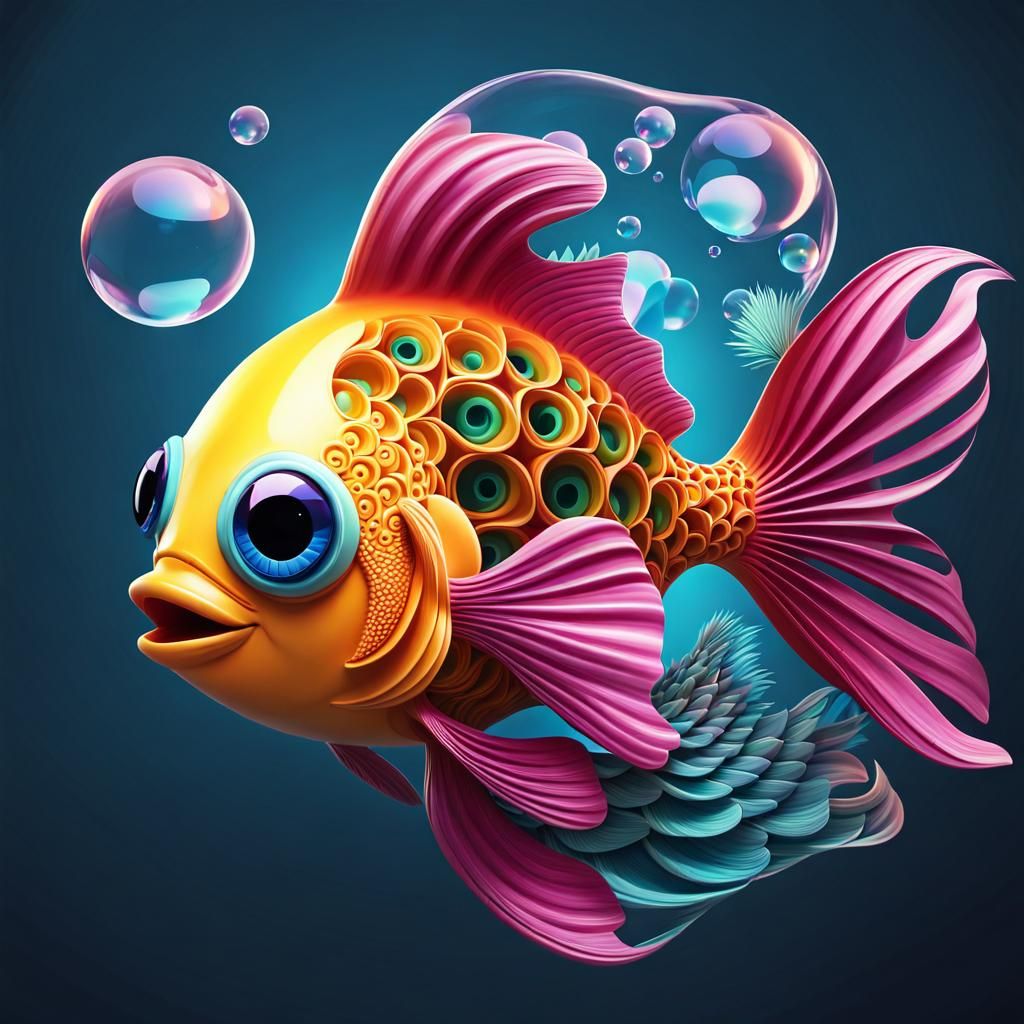 Cartoon Bubble Fish with Flower in 2.5D Render