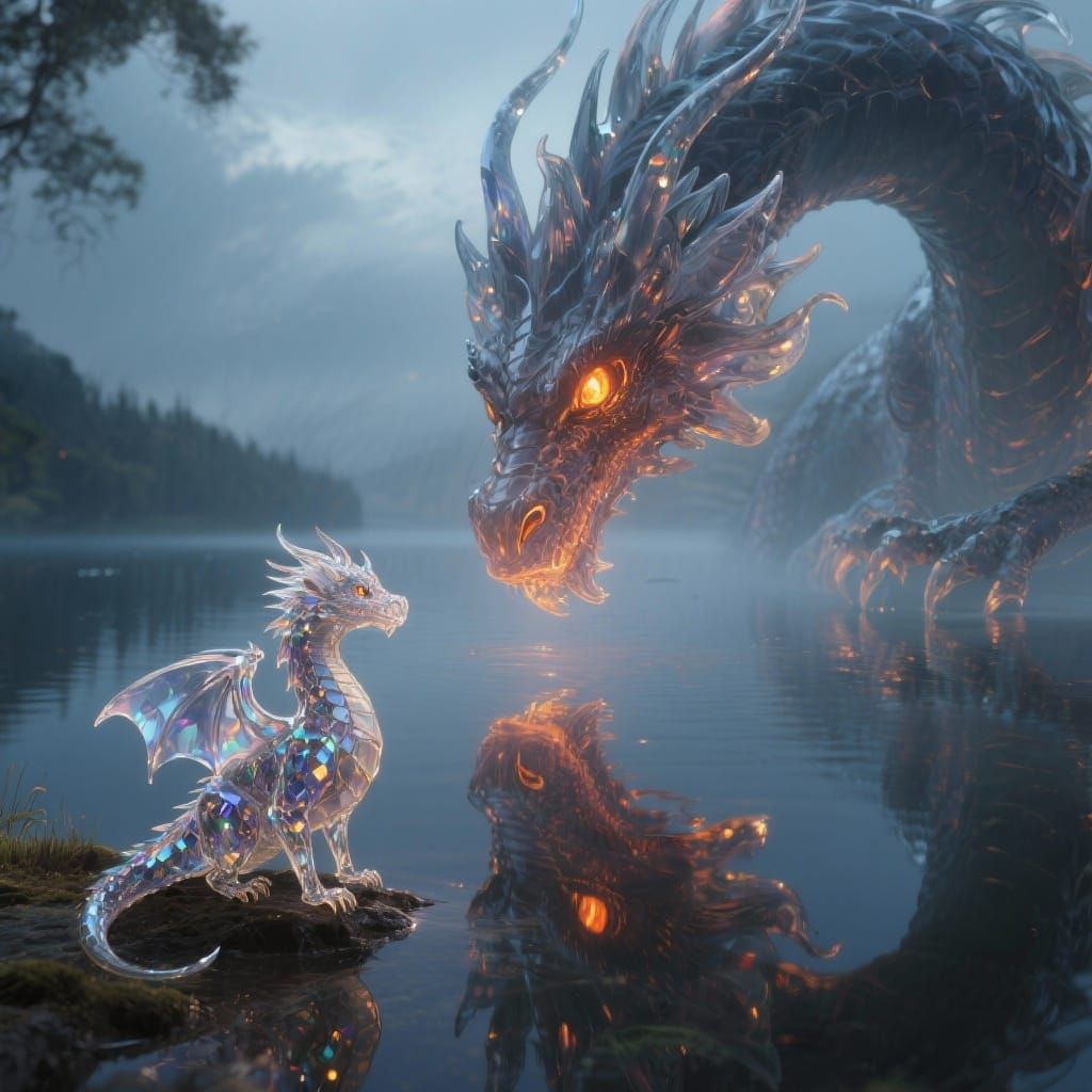 Glass Dragon Reflection: Young and Old by Lake