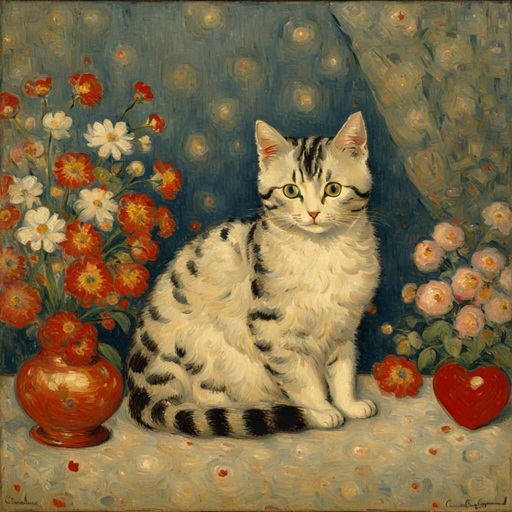 Cute Cat in Pointillist Style with Heart Lights