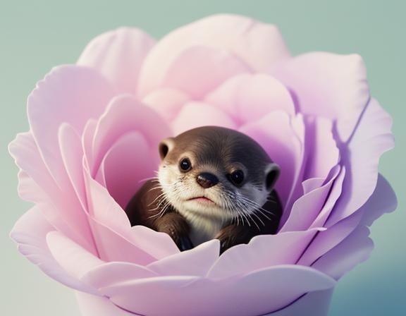 Otter Pup in Rose, Vibrant 3D Digital Art