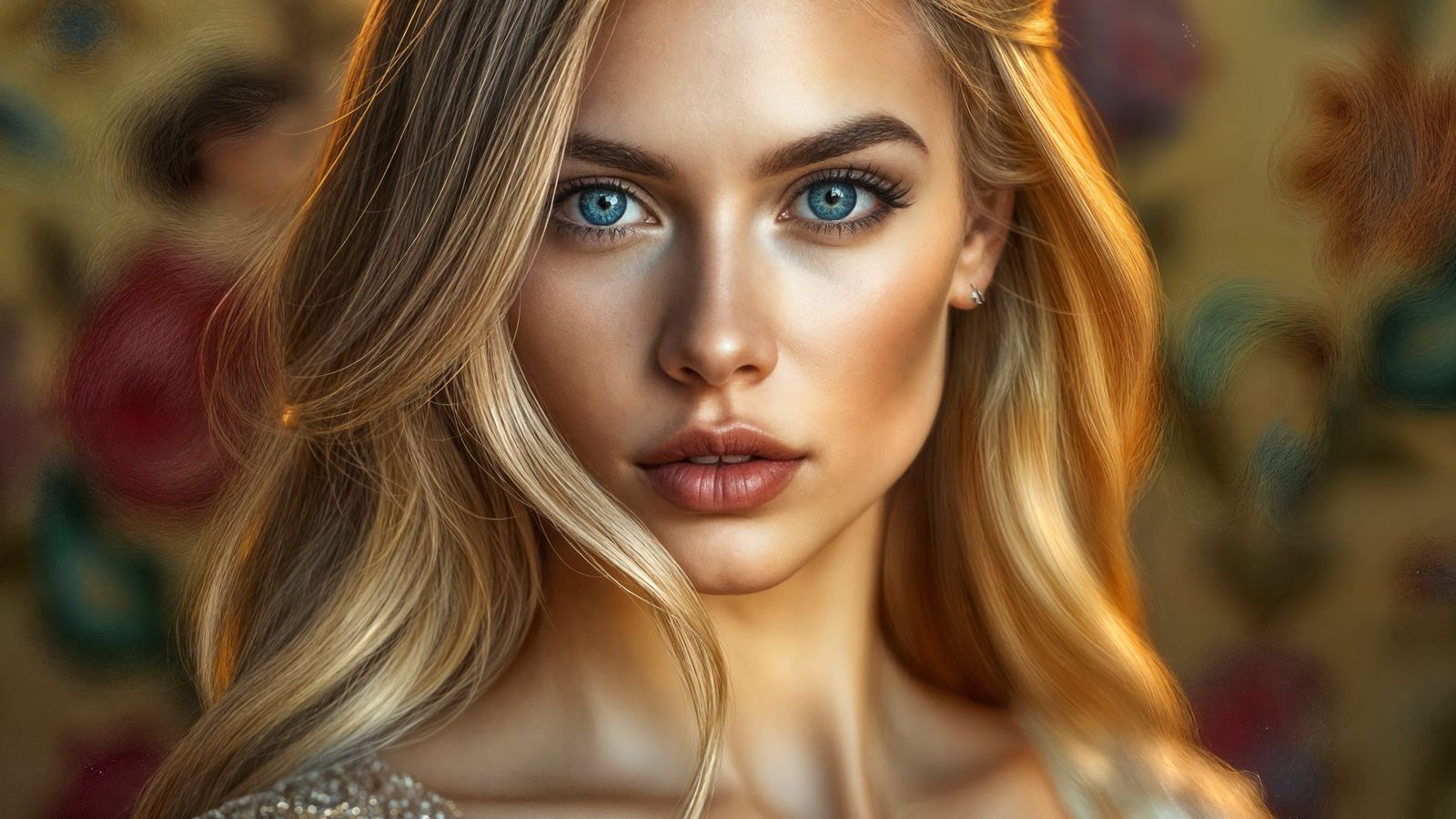 Elegant Blonde Woman in Champagne Gown, Hyperrealistic Art