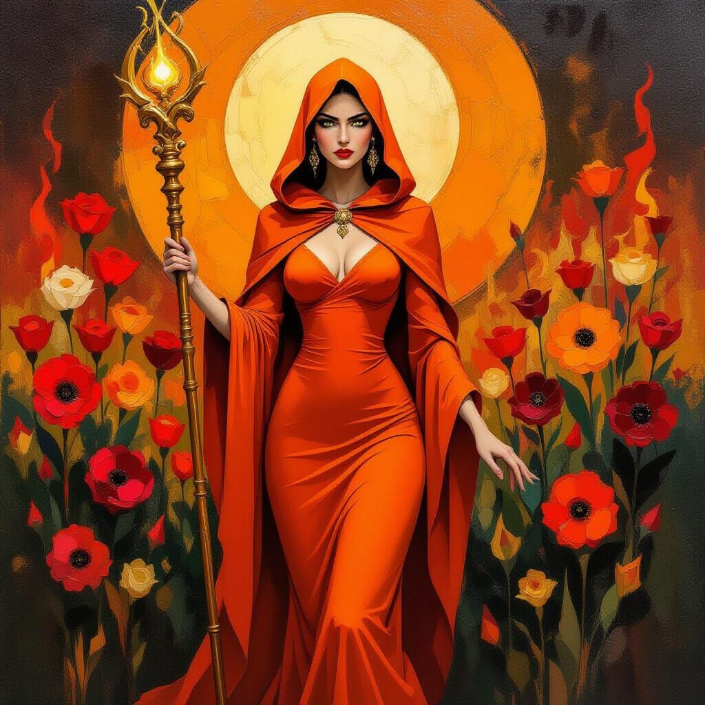 Fiery Sorceress with Golden Staff: Expressionist Painting