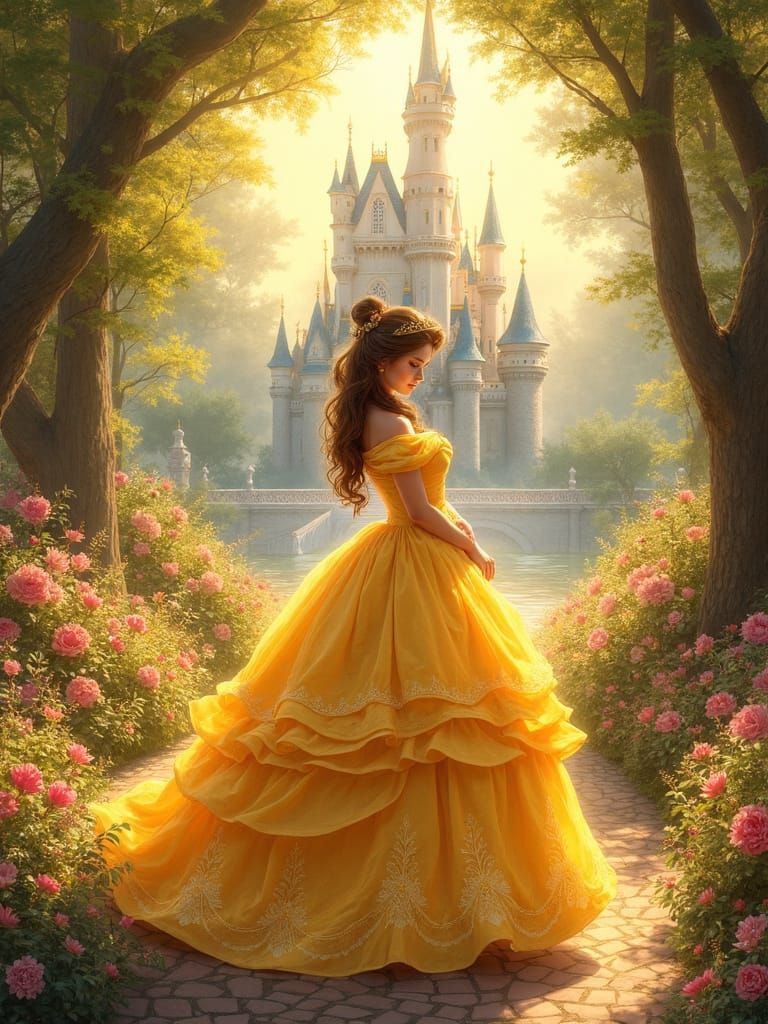 Elegant Belle in Enchanted Garden, in Whimsical Disney Style