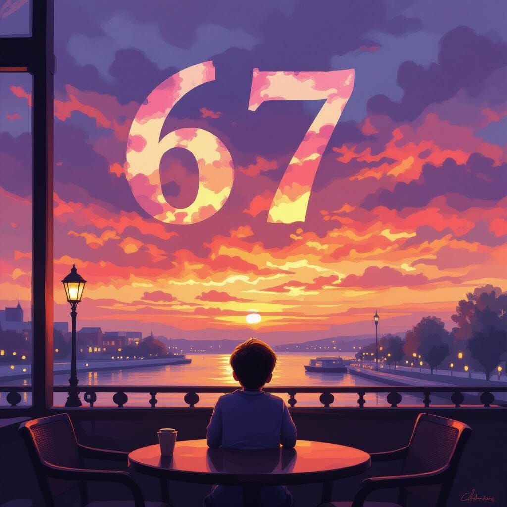 Boy Watches Sunset As Clouds Spell 67 in Digital Painting