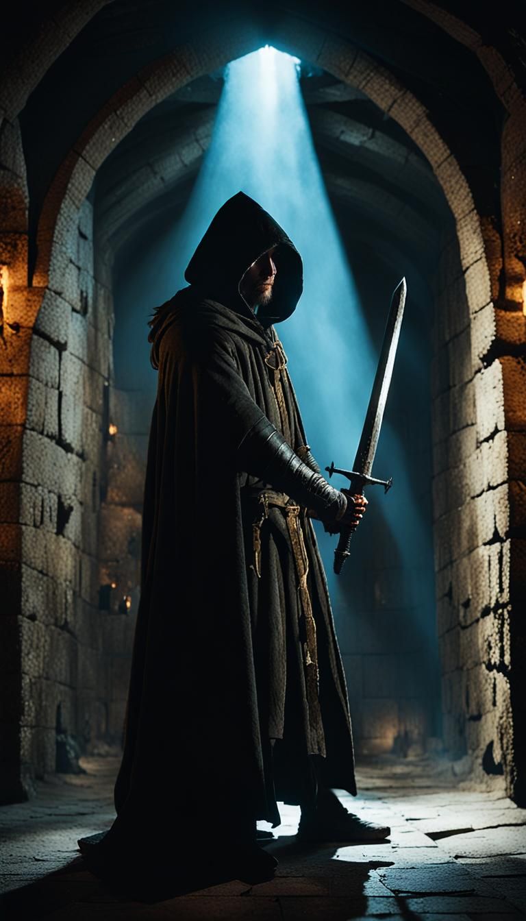 Warrior with Illuminated Sword in Dark Dungeon
