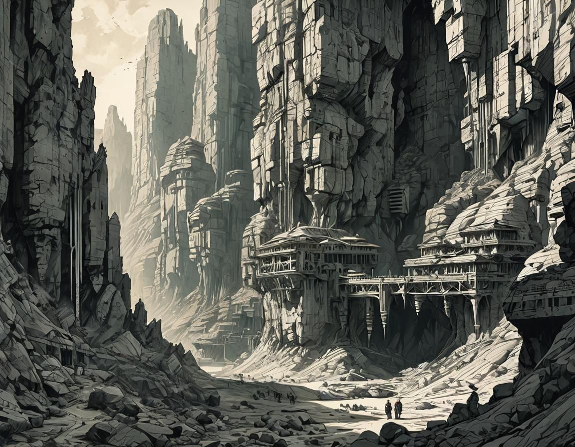 Deep Canyons in Retrofuturistic Pencil Sketch Style