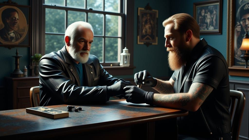 Two old guys in a tattoo shop, one giving a tattoo to the ot...