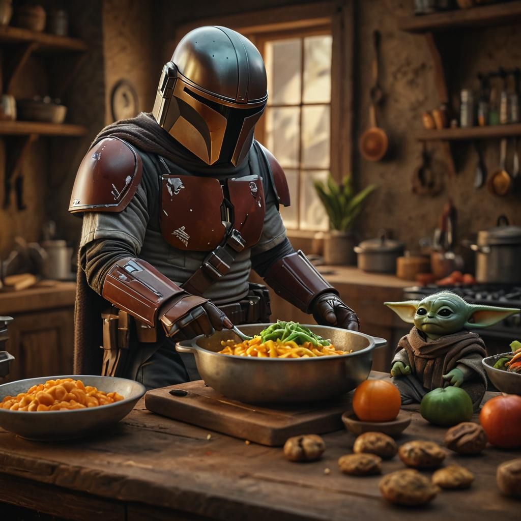 The Mandalorian and Grogu in Rustic Kitchen