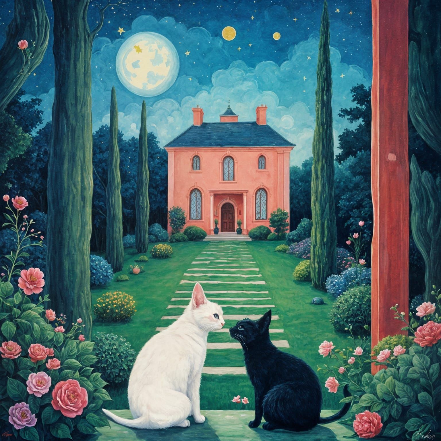 Kittens Play in Garden Courtyard Under Evening Sky