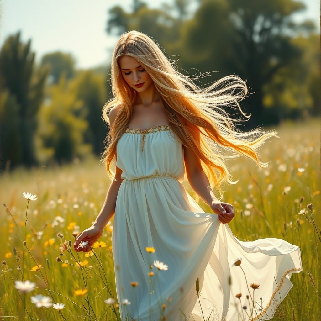 Botticelli Style Woman in Meadow of Wildflowers