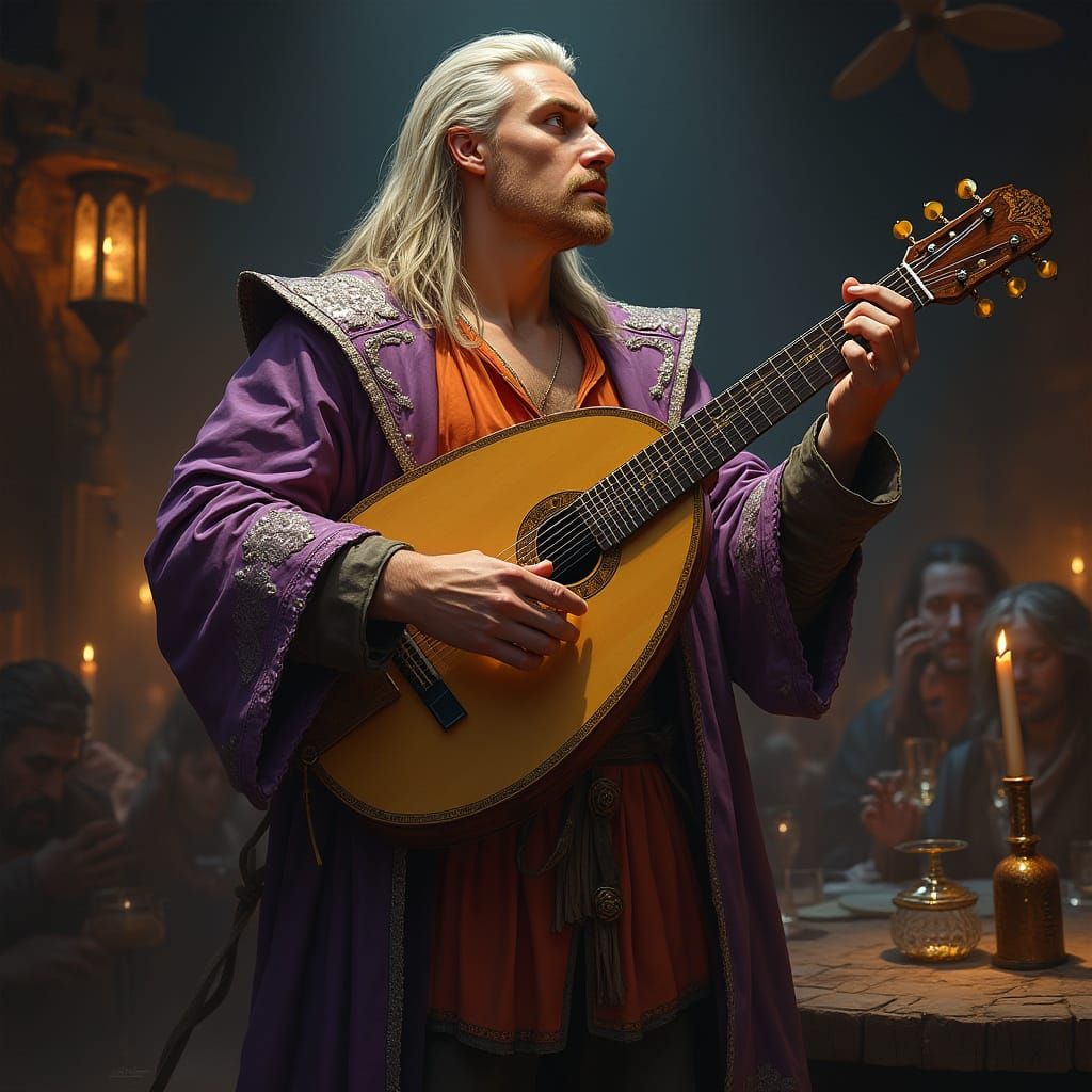 Chiseled Bard in Vibrant Attire Amidst Dark Fantasy Setting