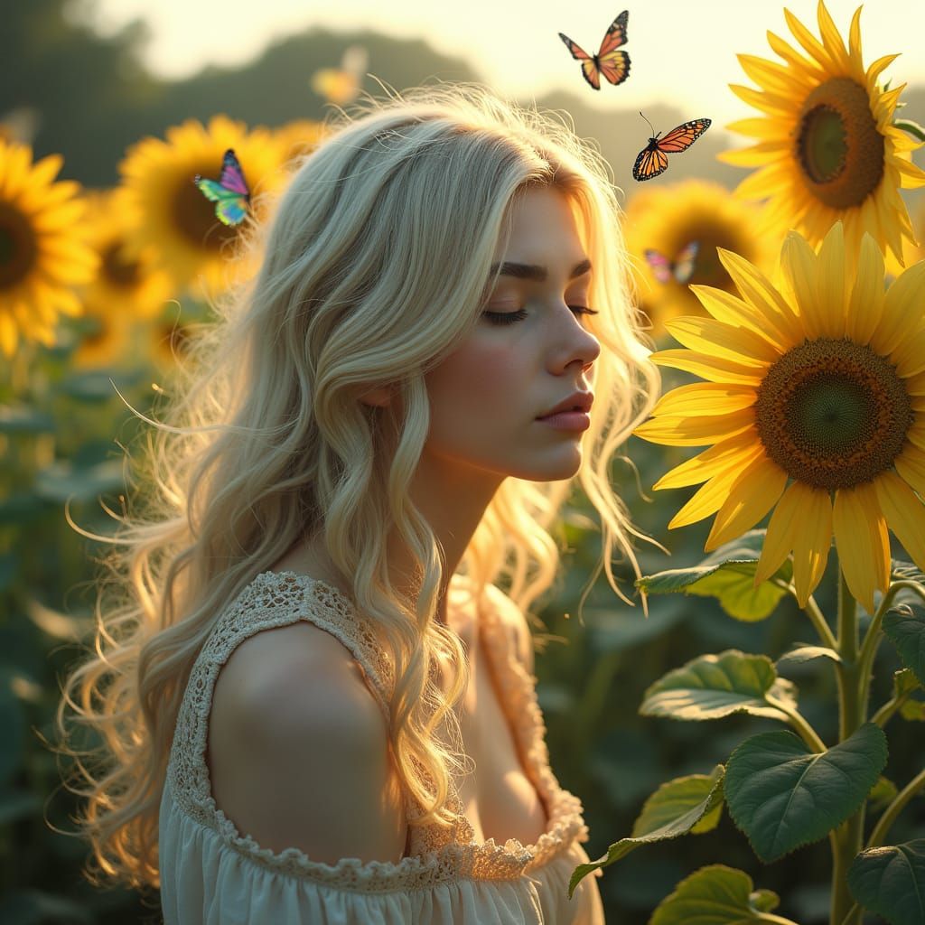 Dreamlike Scene of Young Woman Surrounded by Iridescent Butt...