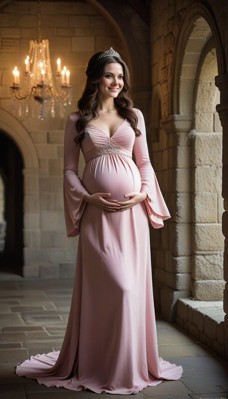 Pregnant Queen in Bell Sleeve Gown Inside Castle