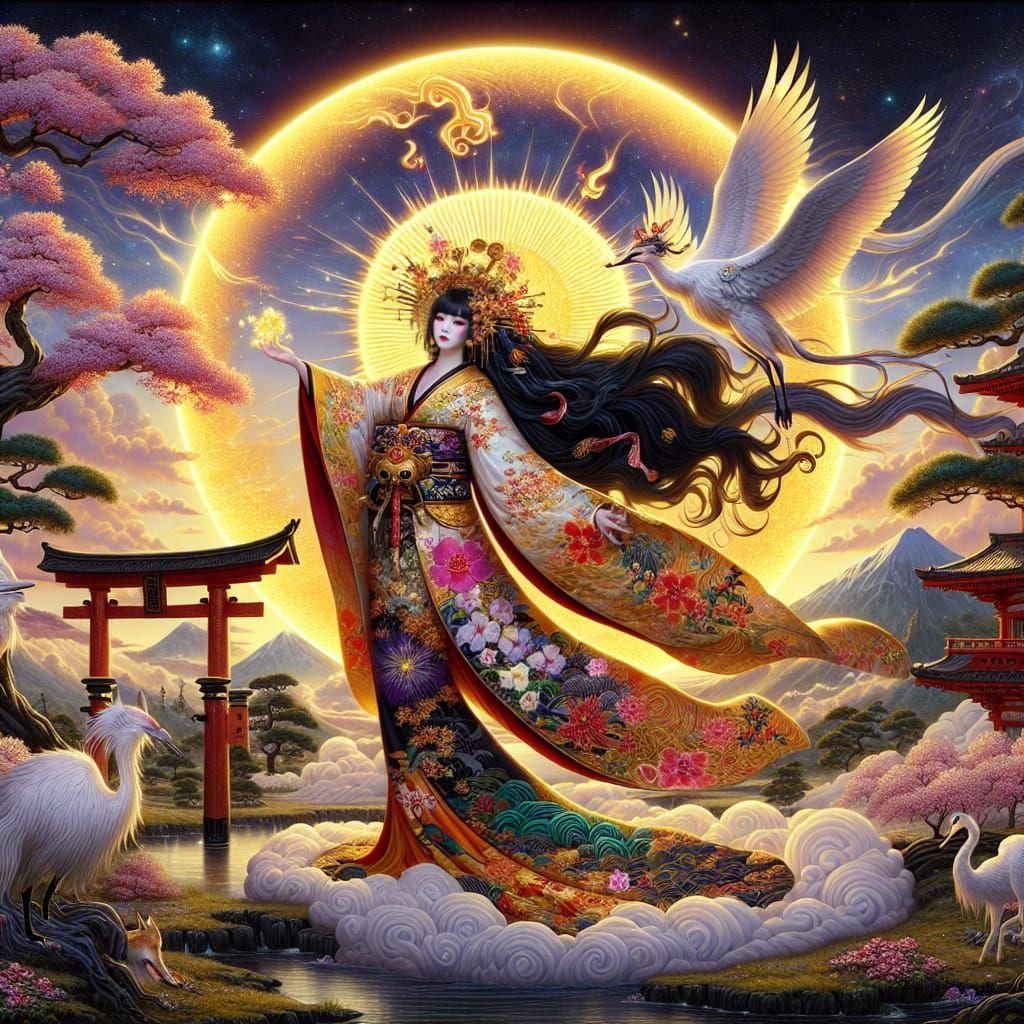 Radiant Sun Deity Emerges in Japanese Twilight Scene