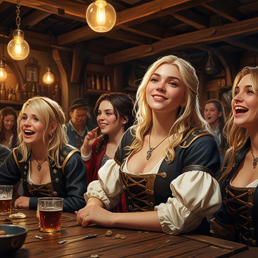 Blonde Female Pirates Celebrate in Medieval Tavern