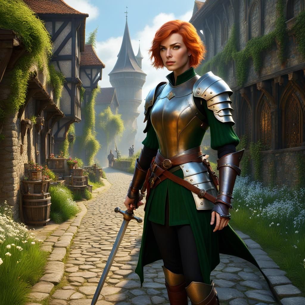Ginger Warrior in Medieval Town: Fantasy Concept Art