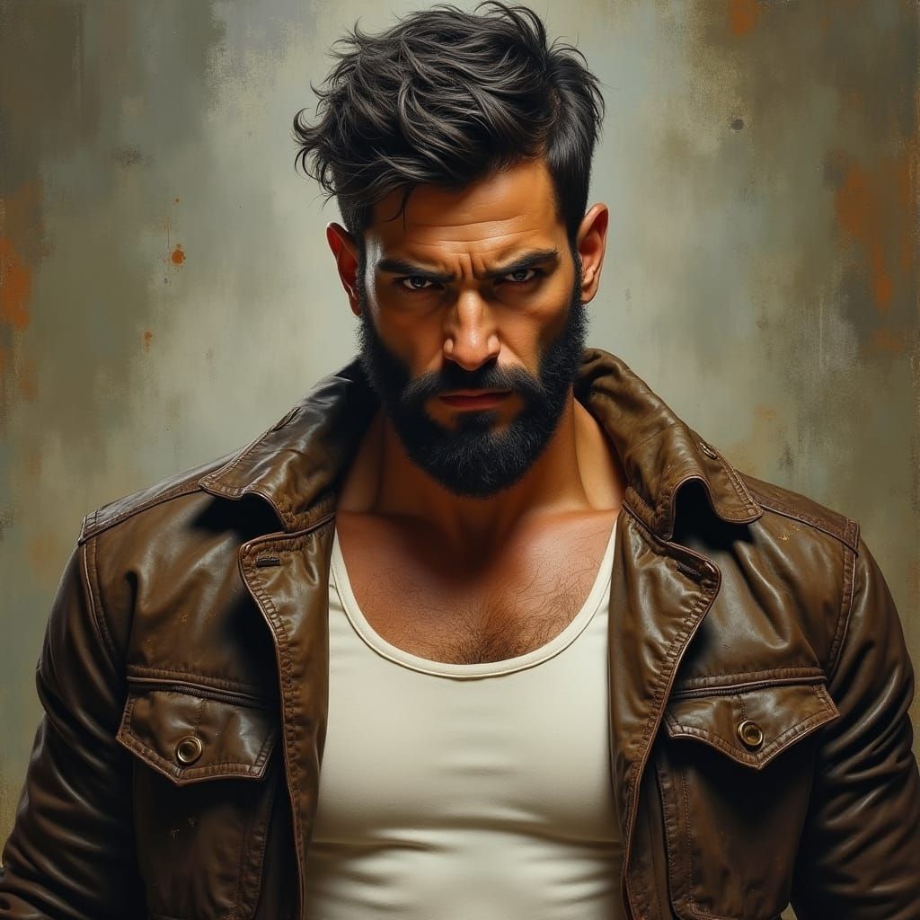 Intimidating Warrior in Leather Jacket with Commanding Prese...