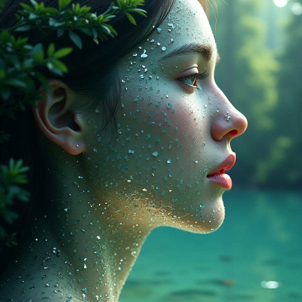 Glass Mosaic Woman Reflects Forest and Lake in Fantasy Art