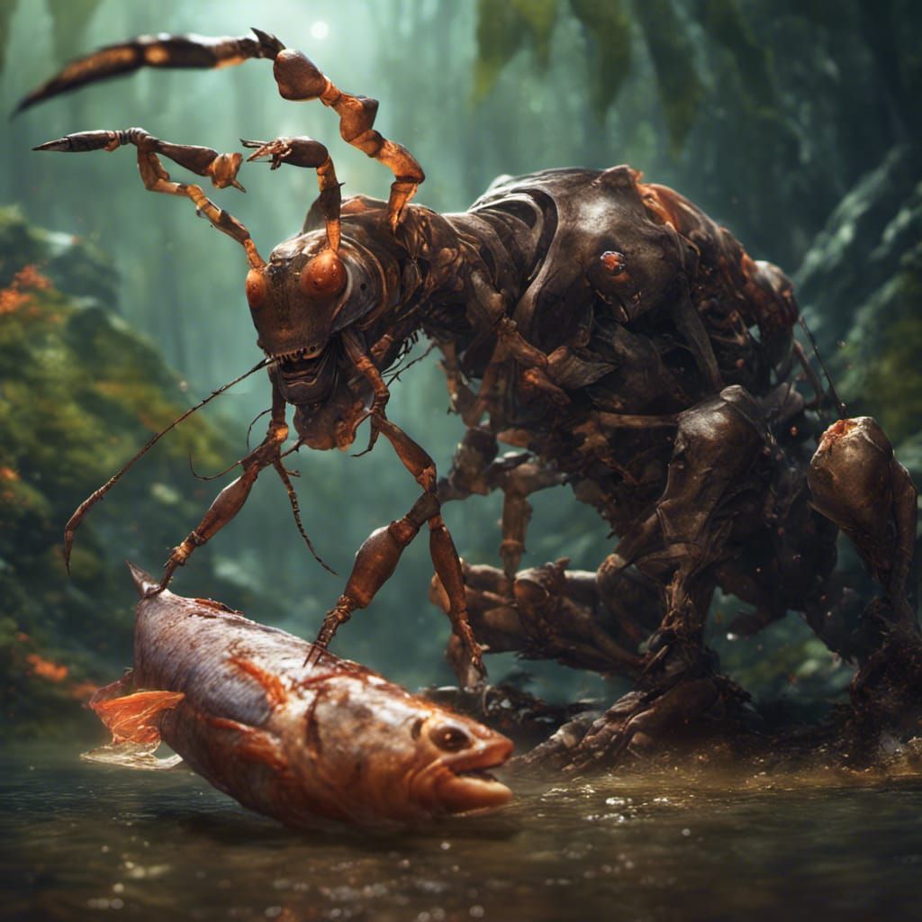 Ant with Tiger Legs Eats Fish: Dark Fantasy Art