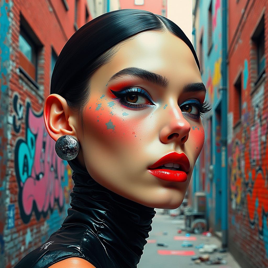 Surreal Geometric Model Portrait in Graffiti Alley