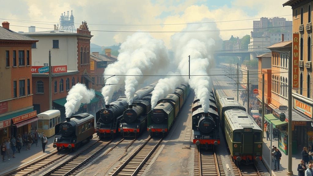 Impressionist City Railroad Crossing with Trains and Bustlin...
