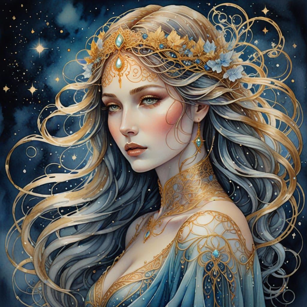 Mystical Woman in Celestial Winter Landscape, Art Nouveau St...