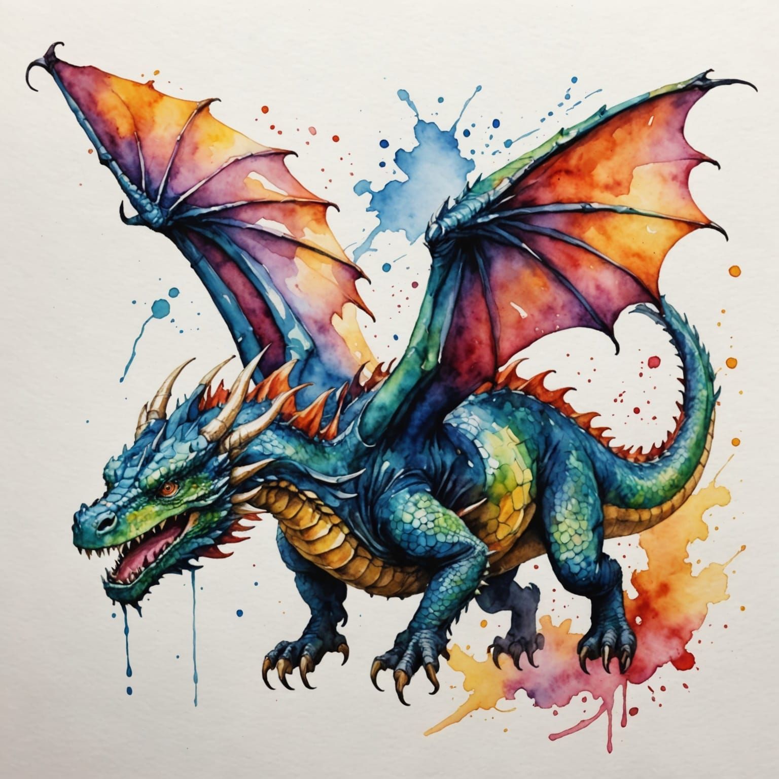 Watercolor Dragon in Flight