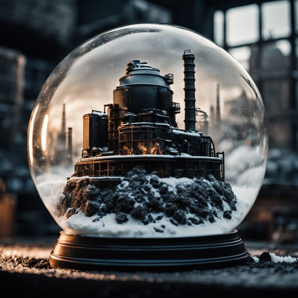 A Steampunk Snow Globe Scene with Black Snow and a Coal Powe...