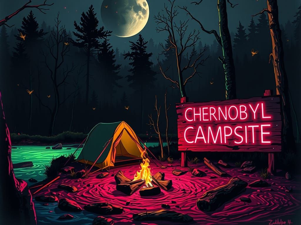 Chernobyl Campsite: Neon Nightmare in a Dark Forest
