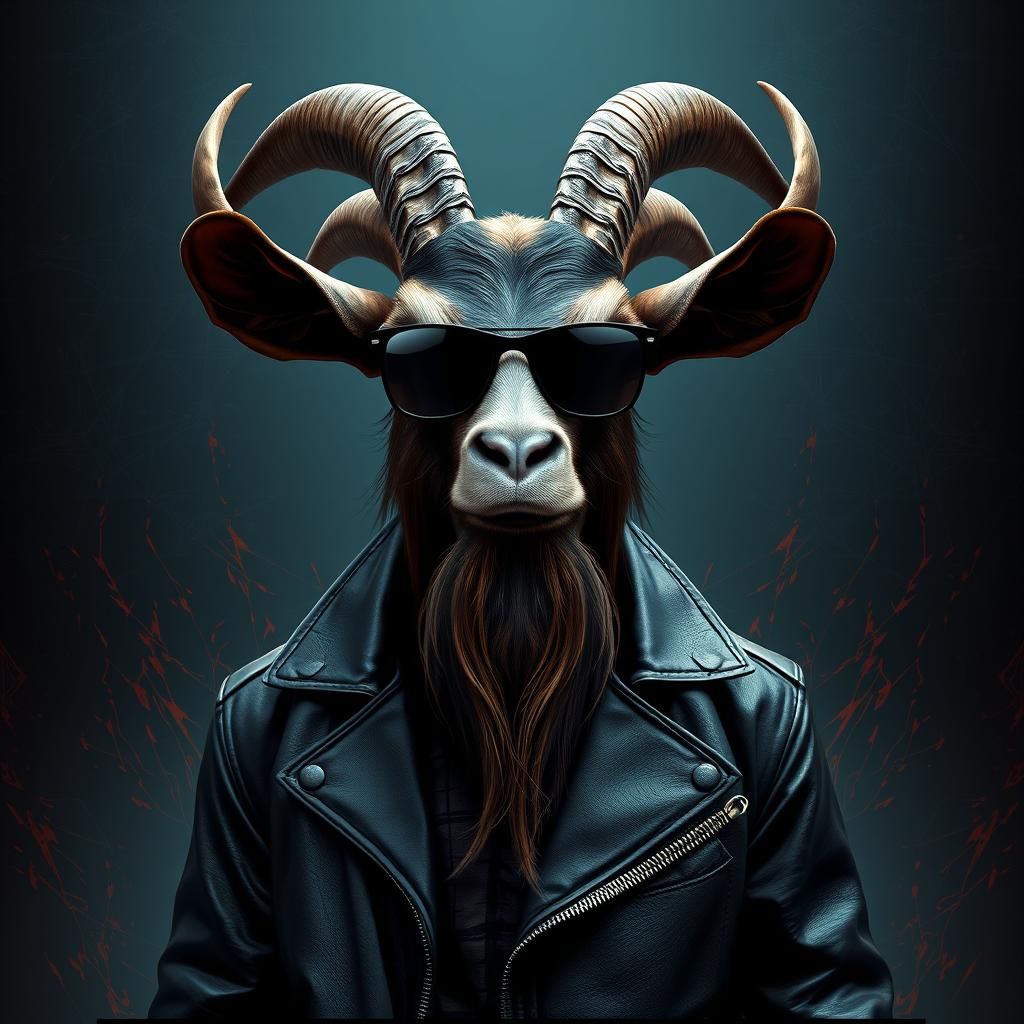 Mysterious Goat in Leather Jacket, Surreal Art