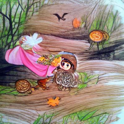 Mushroom Gatherers: Storybook Illustration of Girl and Owl