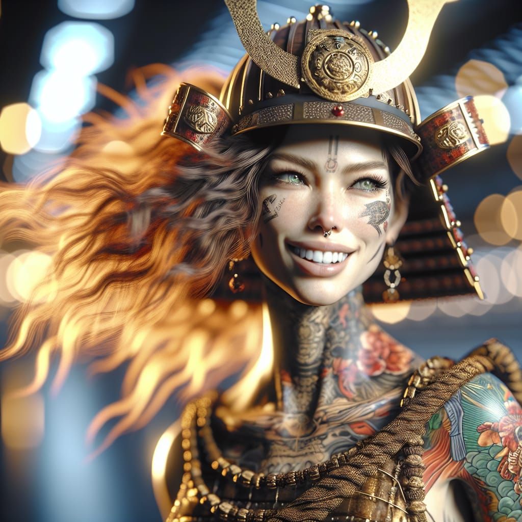 Hyperrealistic Woman with Samurai Helmet and Tattoos
