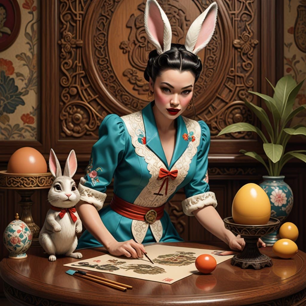 Elegant 50s Pin-Up Girl in Whimsical Bunny Costume