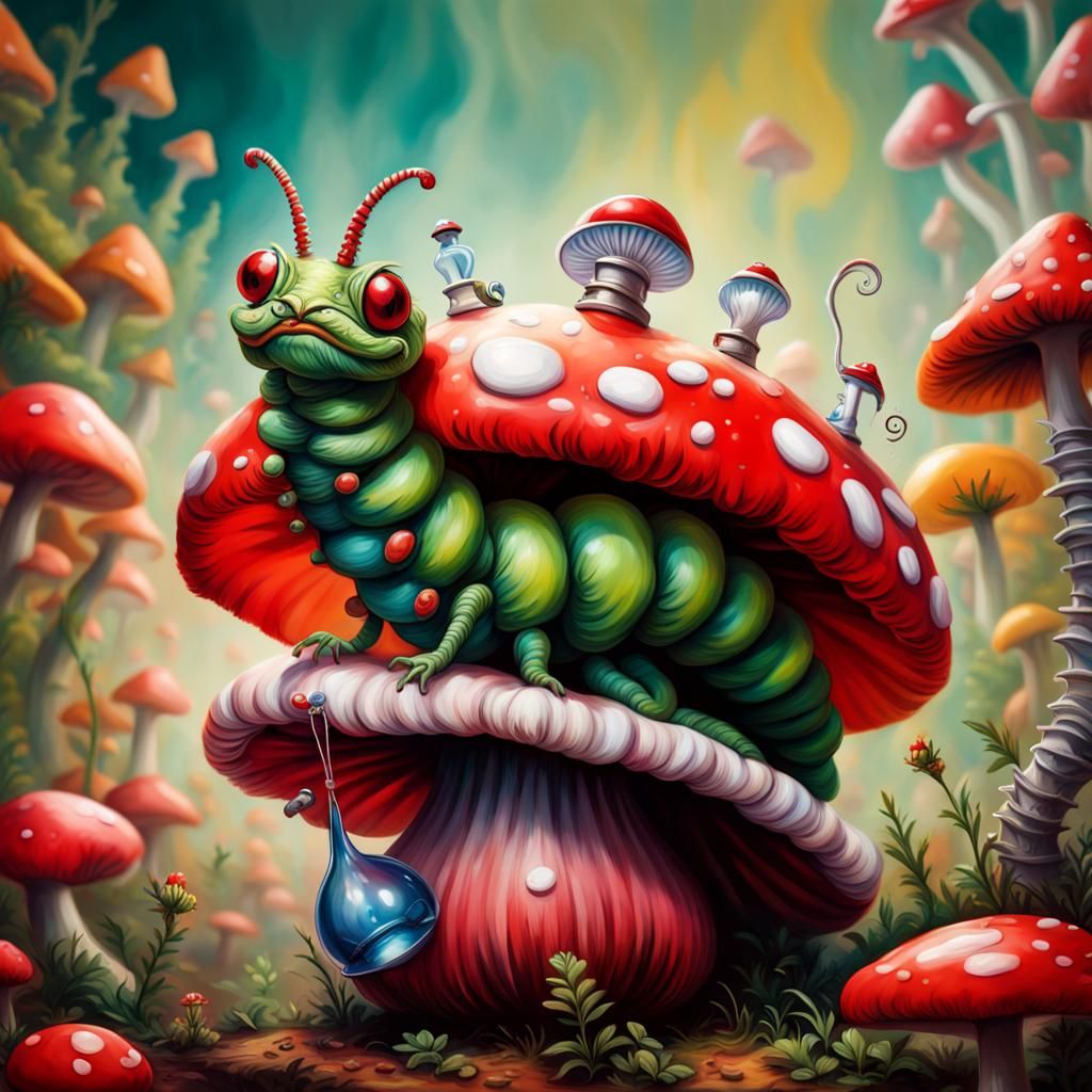 Hyperrealistic Caterpillar Smoking on Mushroom, Oil Painting