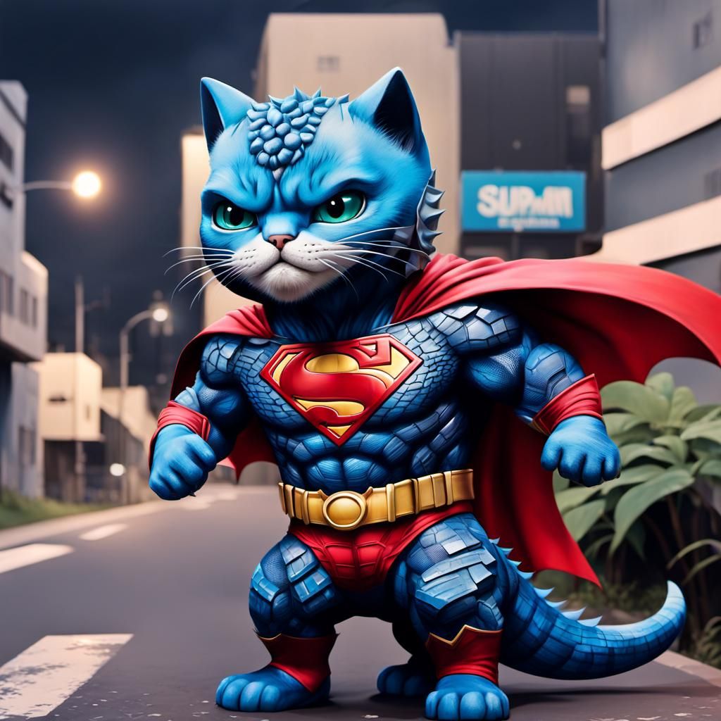 Cartoon Cat as Superhero in Street Art Style