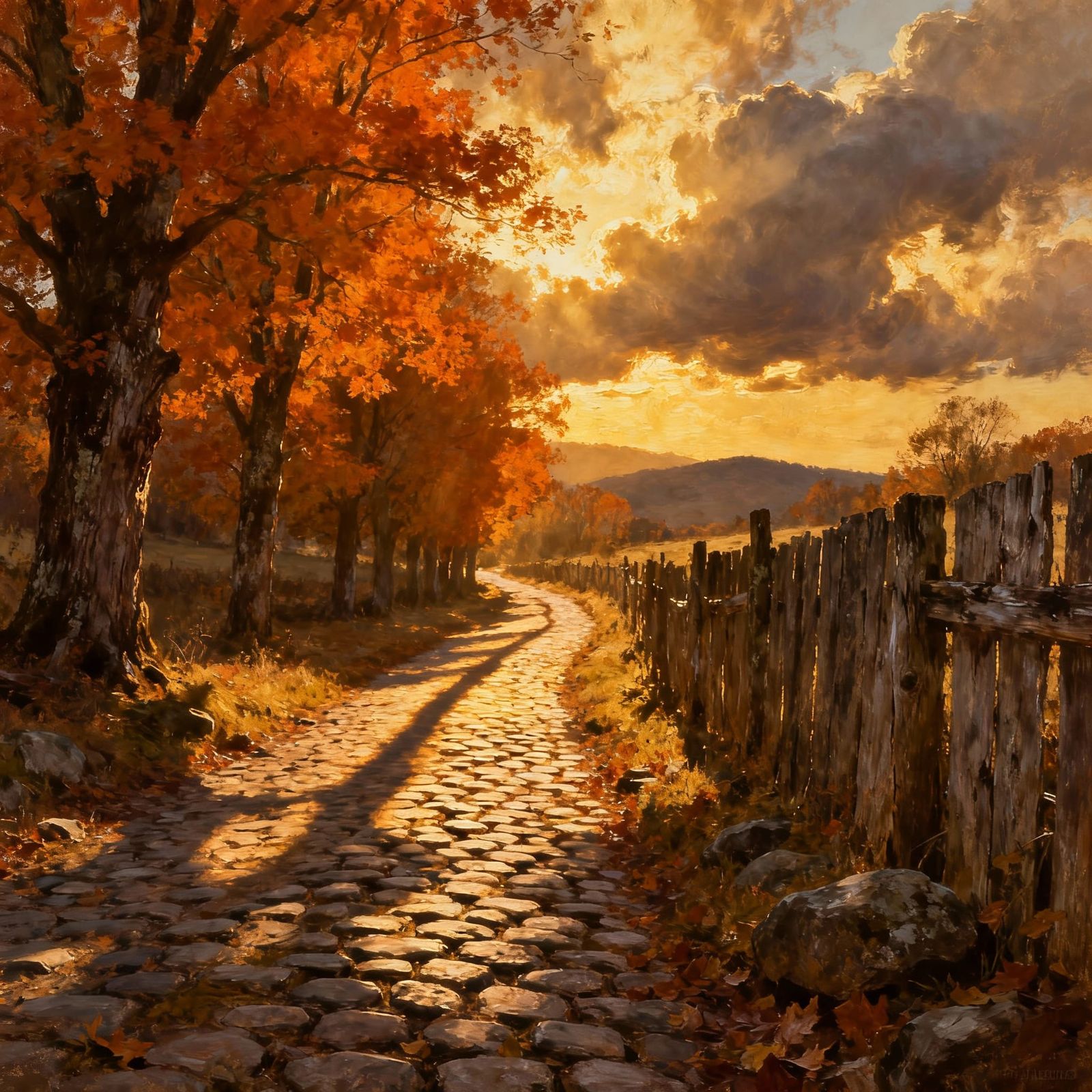 Autumn Lane at Golden Hour with Vibrant Foliage
