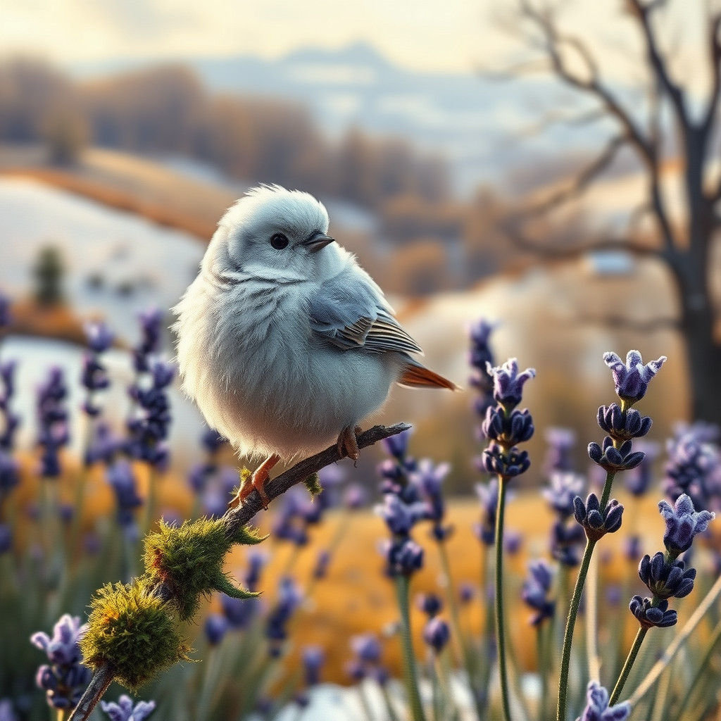 White Bird in Dreamlike Winter Landscape, Embroidered Style