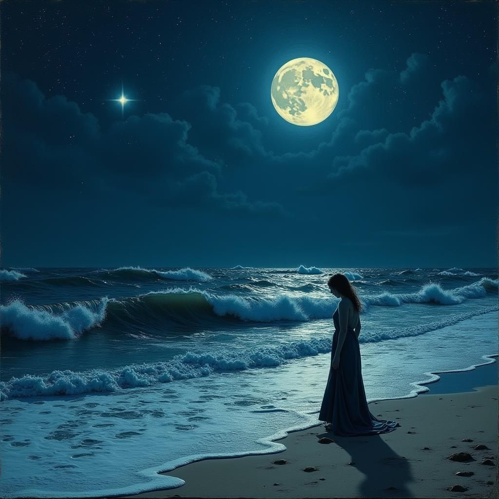 Starry Night Over Dark Sea as Charcoal Drawing