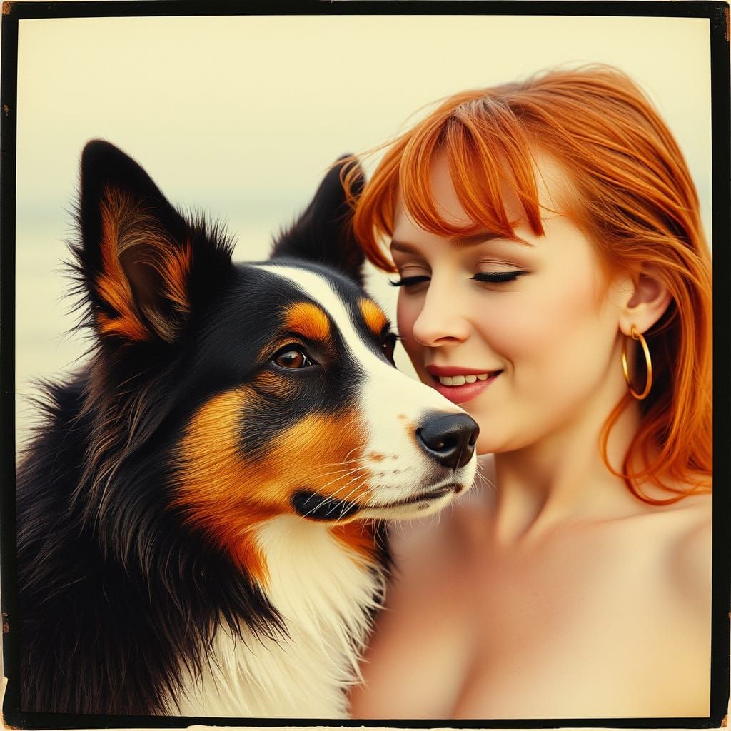 Vintage Polaroid of Woman Kissing Border Collie
