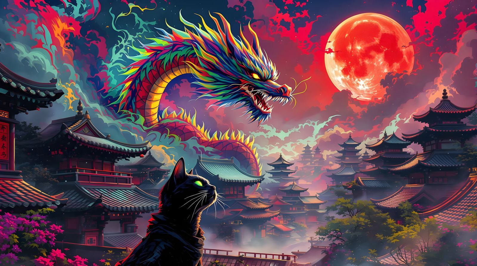 Ancient Asian Town Transforms Under Eerie Red Moonlight