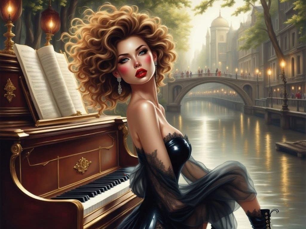 Elegant Woman Plays Piano on Bridge in Fairytale Illustratio...