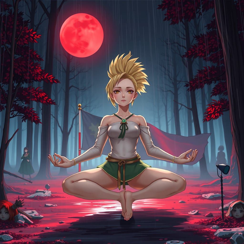 Serene Warrior Goddess Under Red Moonlight