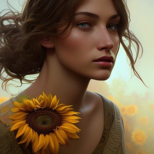 insanely detailed, female model, detailed eyes, detailed lips, beautiful eyes, sunflowers